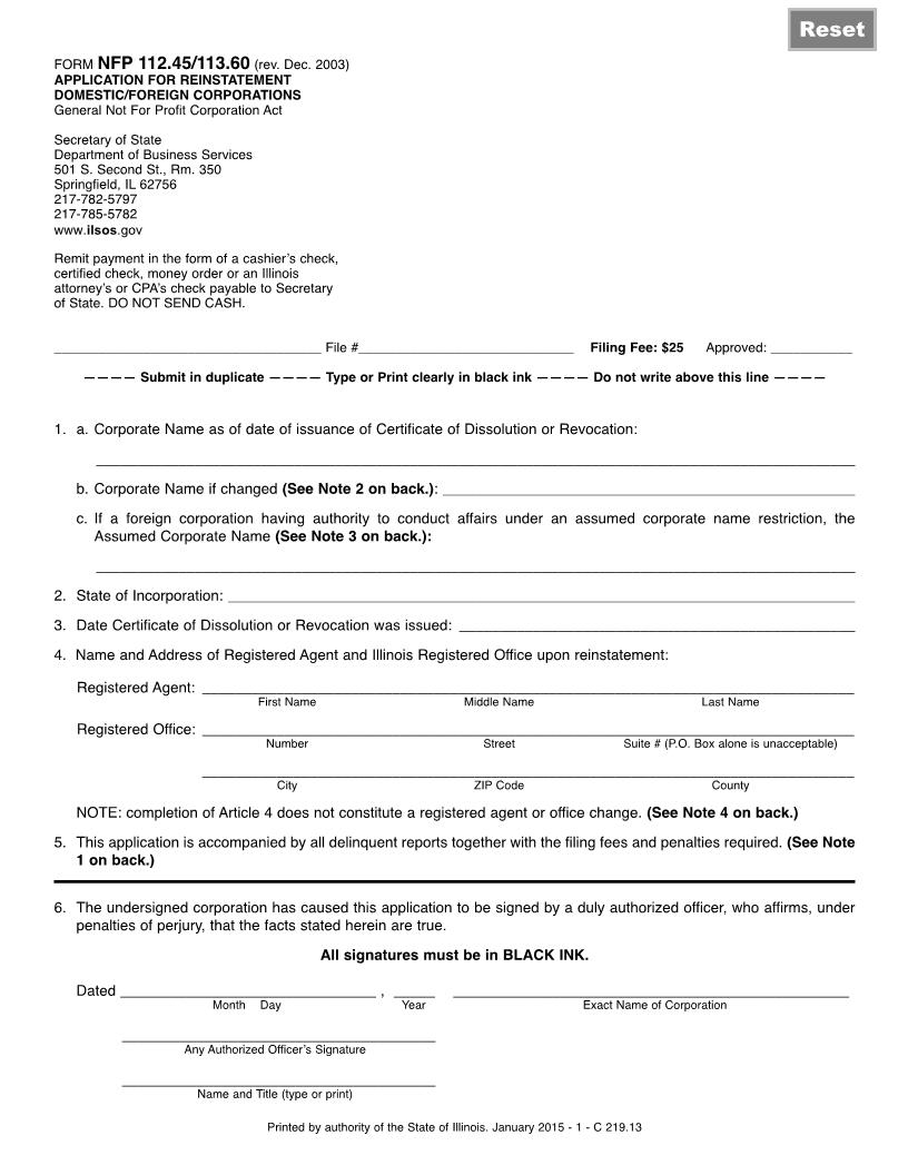 Application For Reinstatement Domestic-Foreign Corporations (NFP) {NFP 112.45-113.60} | Pdf Fpdf Docx | Illinois