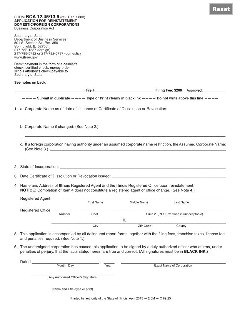Application For Reinstatement Of Domestic Or Foreign Corporation {BCA-12.45-13.6} | Pdf Fpdf Doc Docx | Illinois