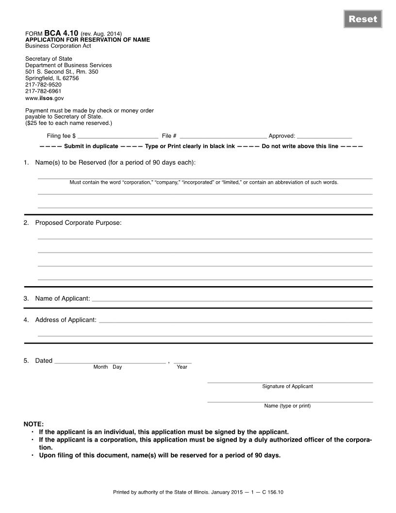 Application For Reservation Of Name {BCA-4.10} | Pdf Fpdf Doc Docx | Illinois