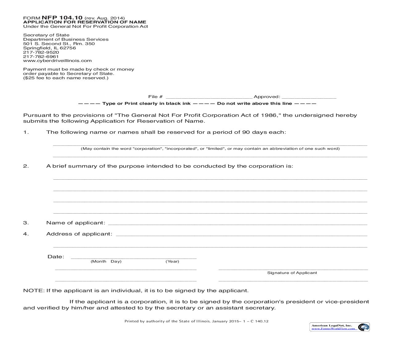 Application For Reservation Of Name Under General Not For Profit Corporation Act Only {NFP-104.10} | Pdf Fpdf Doc Docx | Illinois