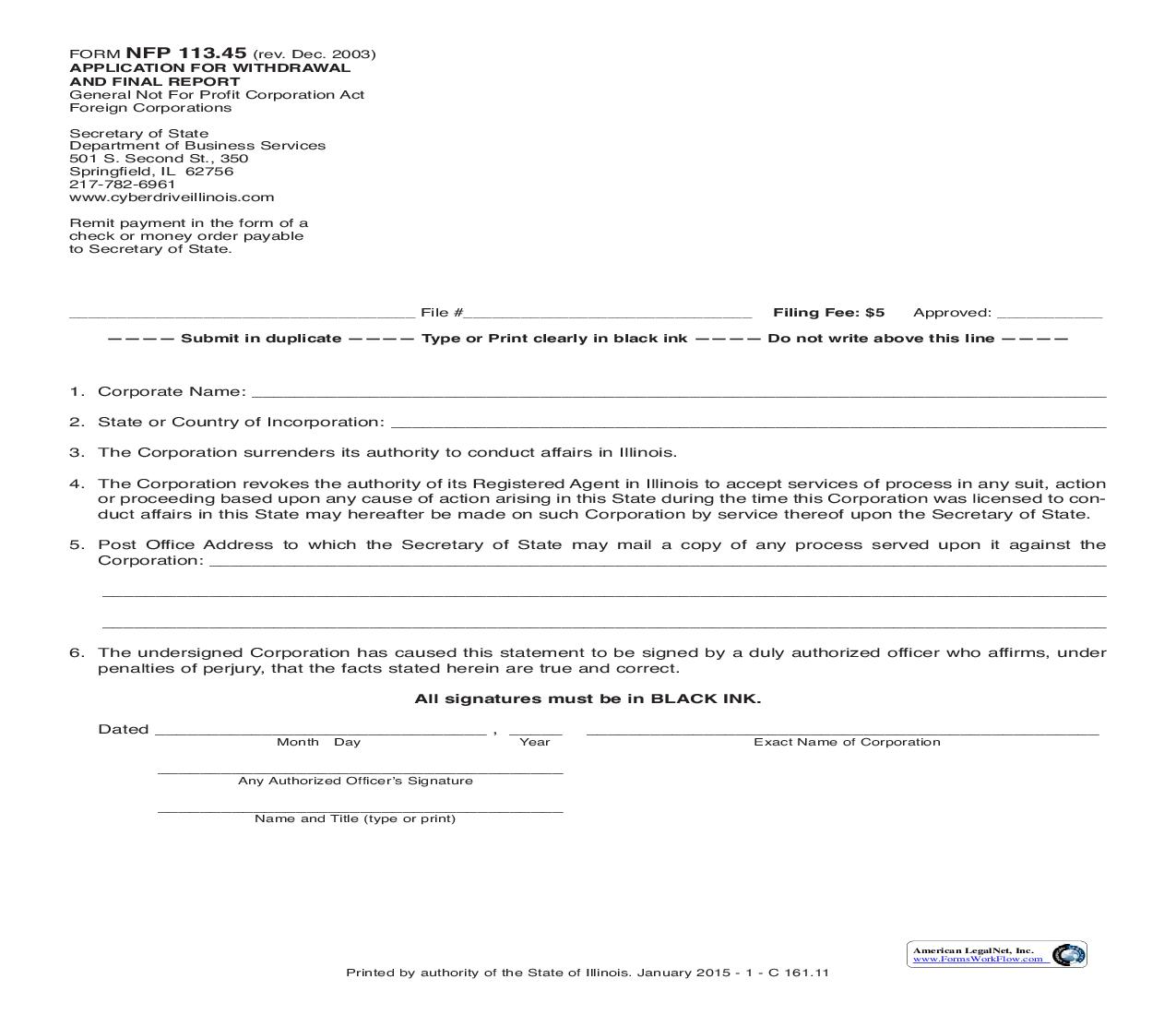 Application For Withdrawal And Final Report General Not For Profit Corporation Act Foreign Corporations {NFP-113.45} | Pdf Fpdf Doc Docx | Illinois