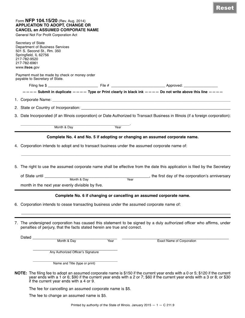Application To Adopt Change Cancel Assumed Corporate Name NFP {NFP-104.15-20} | Pdf Fpdf Docx | Illinois