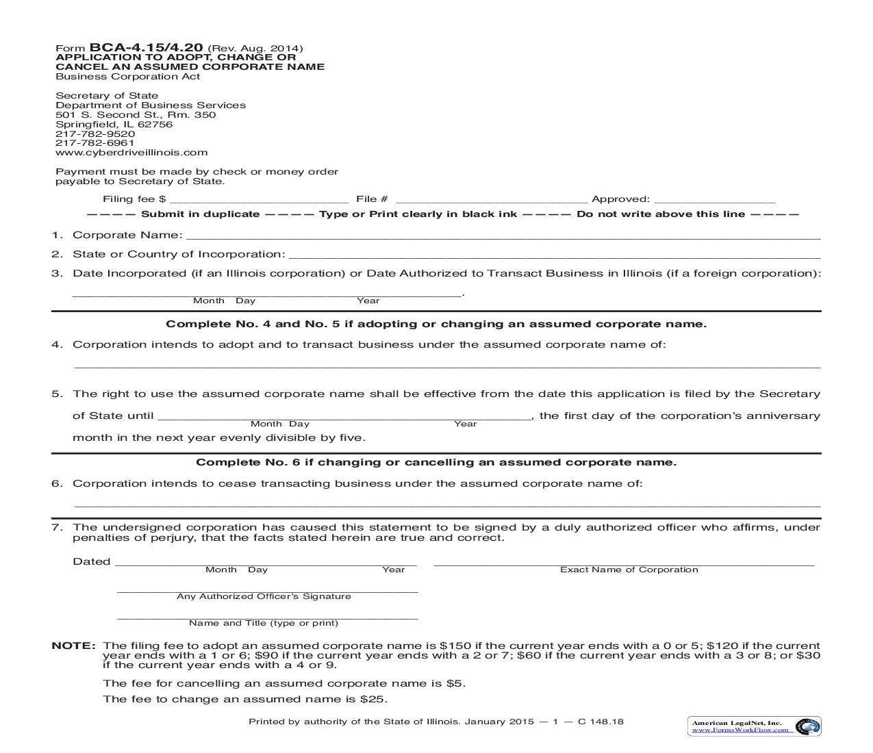 Application To Adopt Change Or Cancel An Assumed Corporate Name {BCA-4.15-4.20} | Pdf Fpdf Doc Docx | Illinois