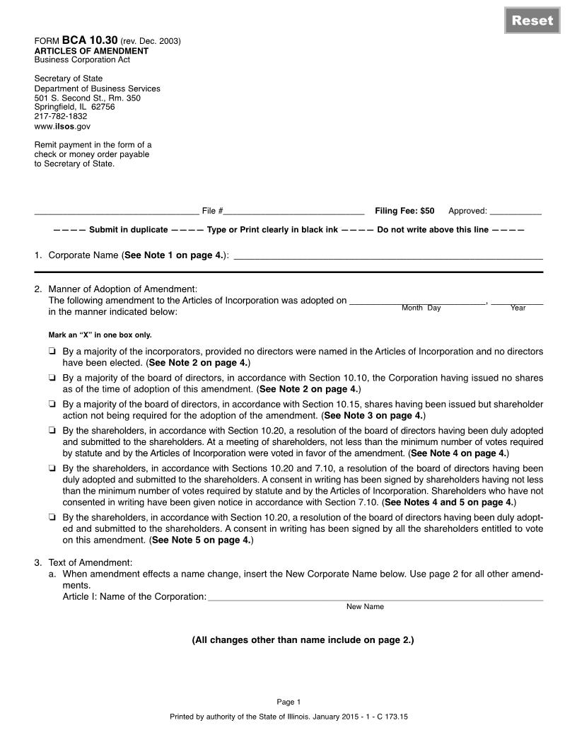 Articles Of Amendment {BCA-10.30} | Pdf Fpdf Doc Docx | Illinois