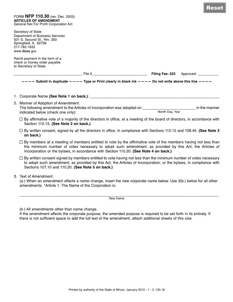 Articles Of Amendment General Not For Profit Corporation Act {NFP-110.30} | Pdf Fpdf Doc Docx | Illinois