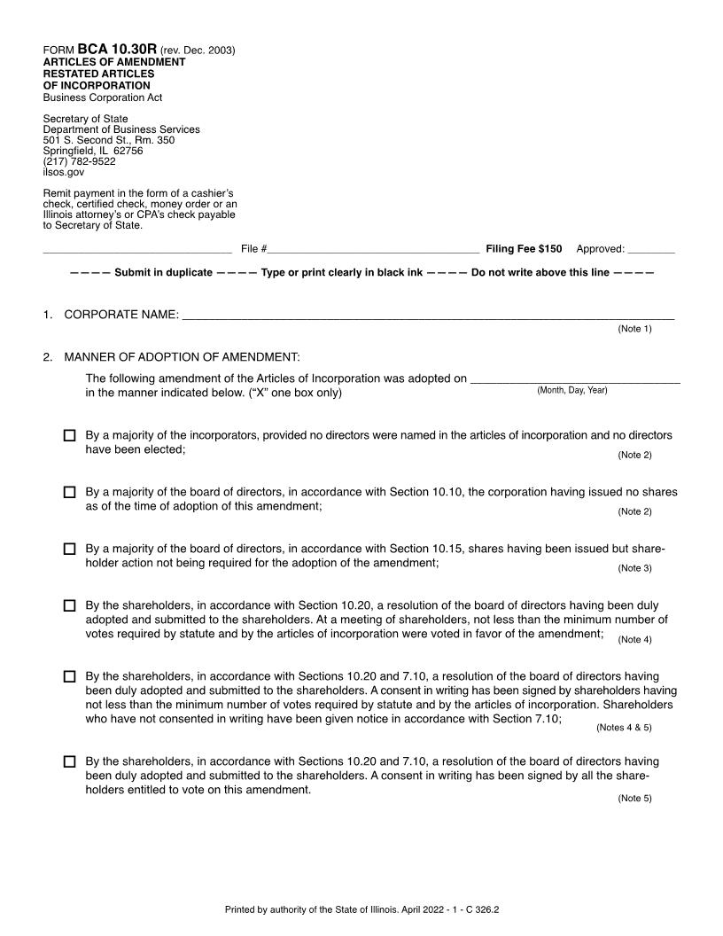 Articles Of Amendment Restated Articles Of Incorporation {BCA-10.30R} | Pdf Fpdf Doc Docx | Illinois
