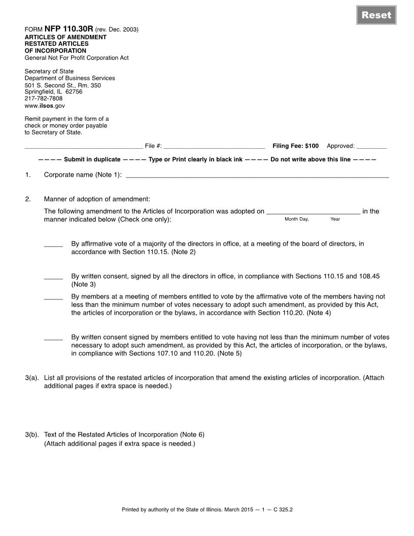 Articles Of Amendment Restated Articles Of Incorporation NFP {NFP-110.30R} | Pdf Fpdf Docx | Illinois