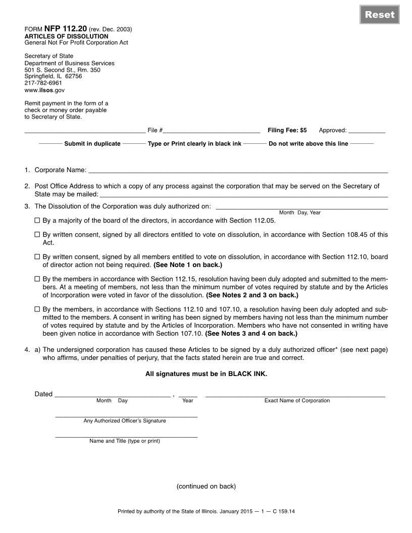 Articles Of Dissolution Under The General Not For Profit Corporation Act {NFP-112.20} | Pdf Fpdf Doc Docx | Illinois