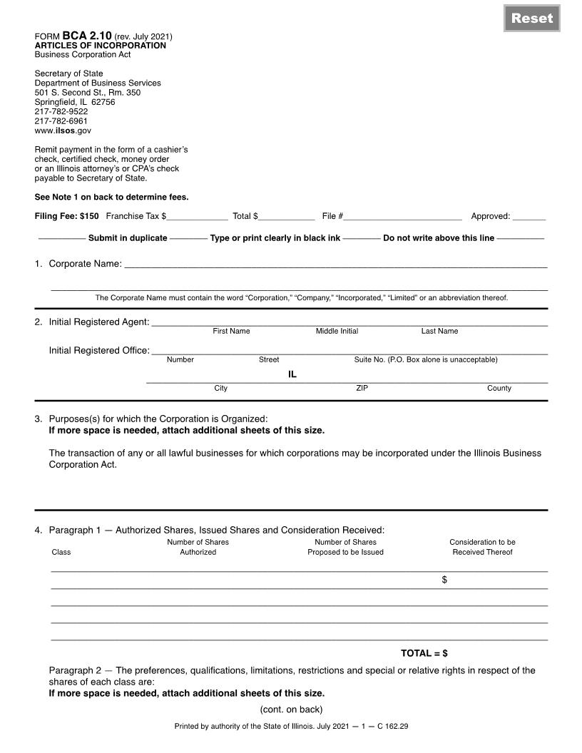 Articles Of Incorporation {BCA-2.10} | Pdf Fpdf Doc Docx | Illinois