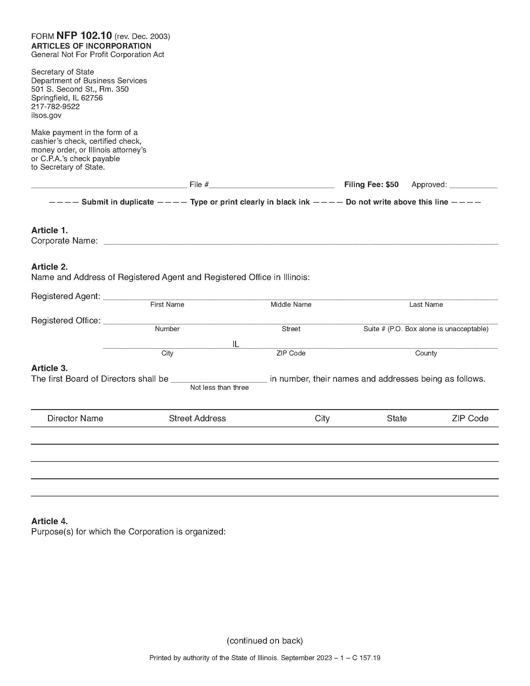 Articles Of Incorporation General Not For Profit Corporation Act {NFP-102.10} | Pdf Fpdf Doc Docx | Illinois