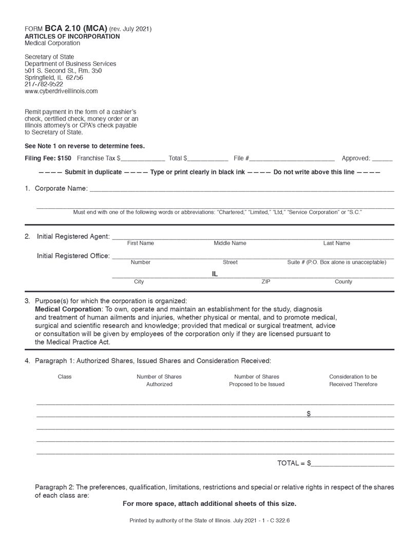 Articles Of Incorporation Medical Corporation {BCA-2.10 MCA} | Pdf Fpdf Doc Docx | Illinois
