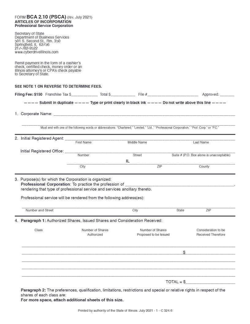 Articles Of Incorporation Professional Service Corporation {BCA-2.10 PSCA} | Pdf Fpdf Doc Docx | Illinois