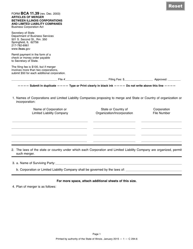 Articles Of Merger Between Illinois Corporations And Limited Liability Companies {BCA 11.39} | Pdf Fpdf Docx | Illinois