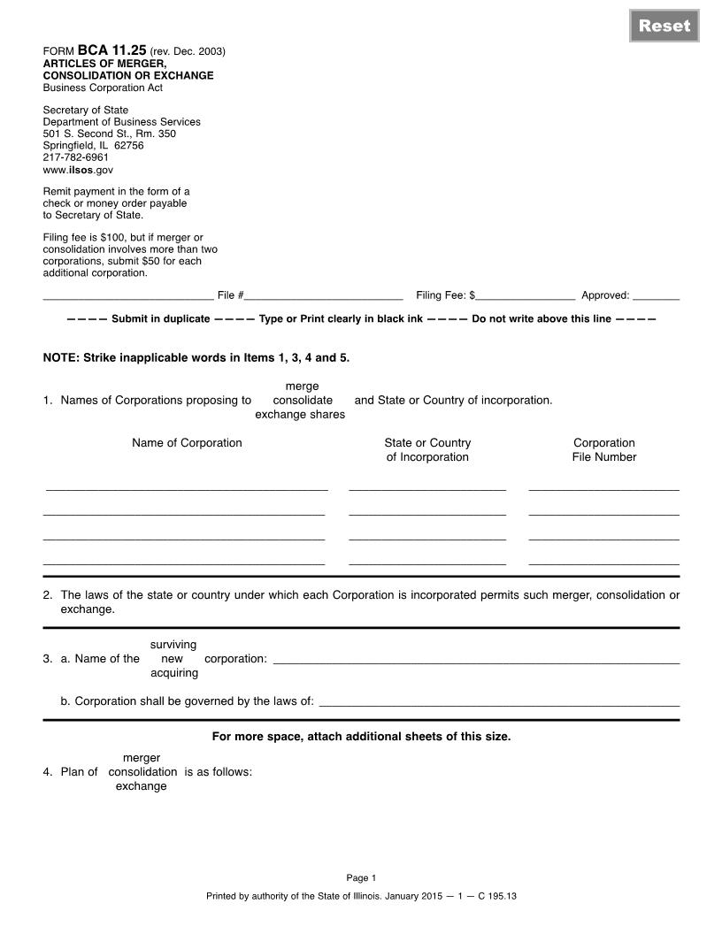 Articles Of Merger Consollidation Or Exchange {BCA 11.25} | Pdf Fpdf Docx | Illinois