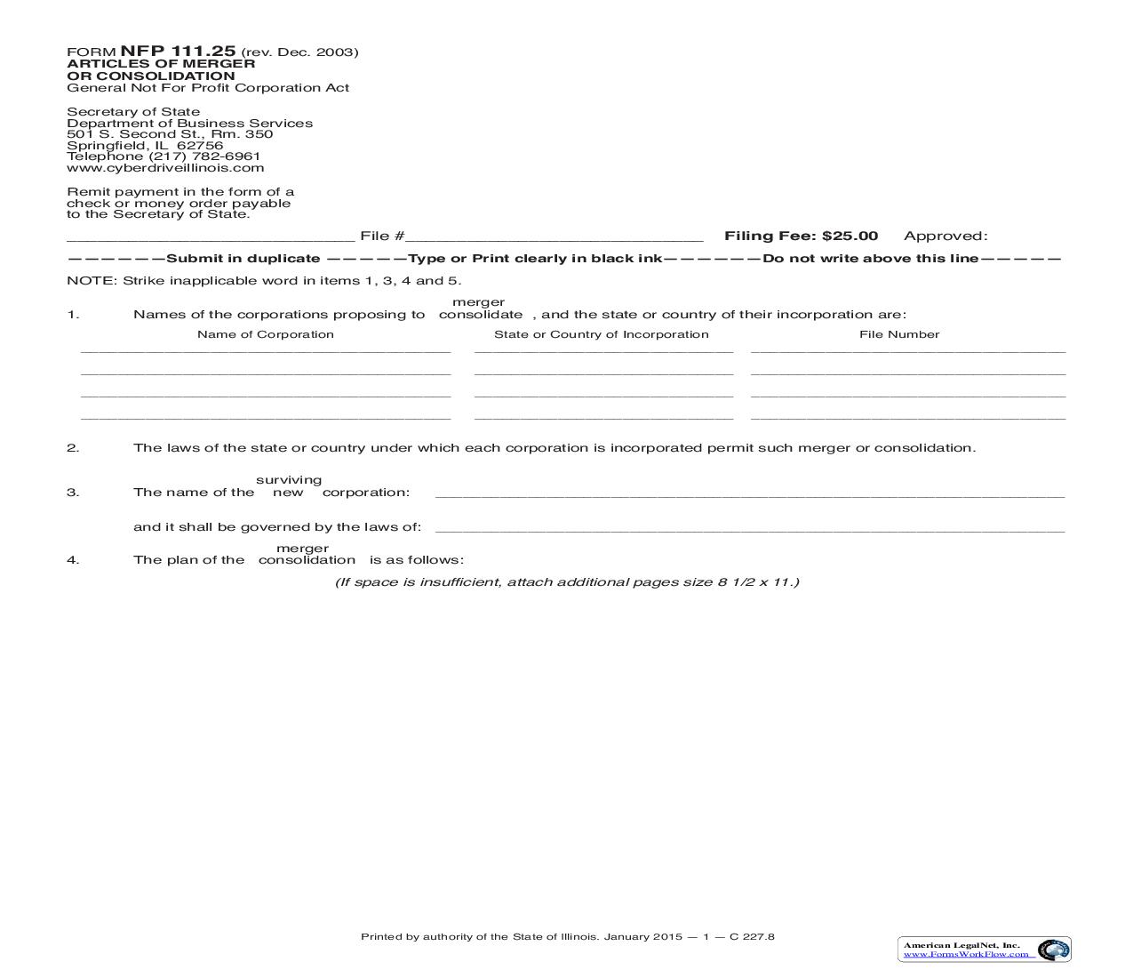 Articles Of Merger Or Consolidation Under General Not For Profit Corporation Act {NFP-111.25} | Pdf Fpdf Doc Docx | Illinois