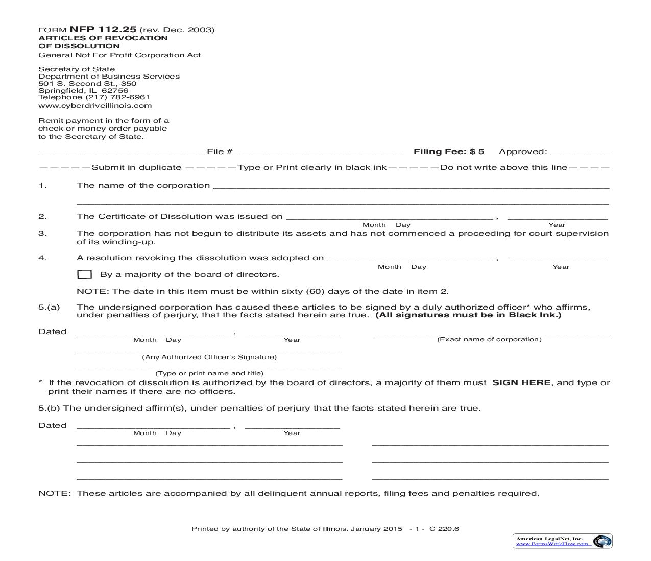 Articles Of Revocation Of Dissolution Under General Not For Profit Corporation Act {NFP-112.25} | Pdf Fpdf Doc Docx | Illinois