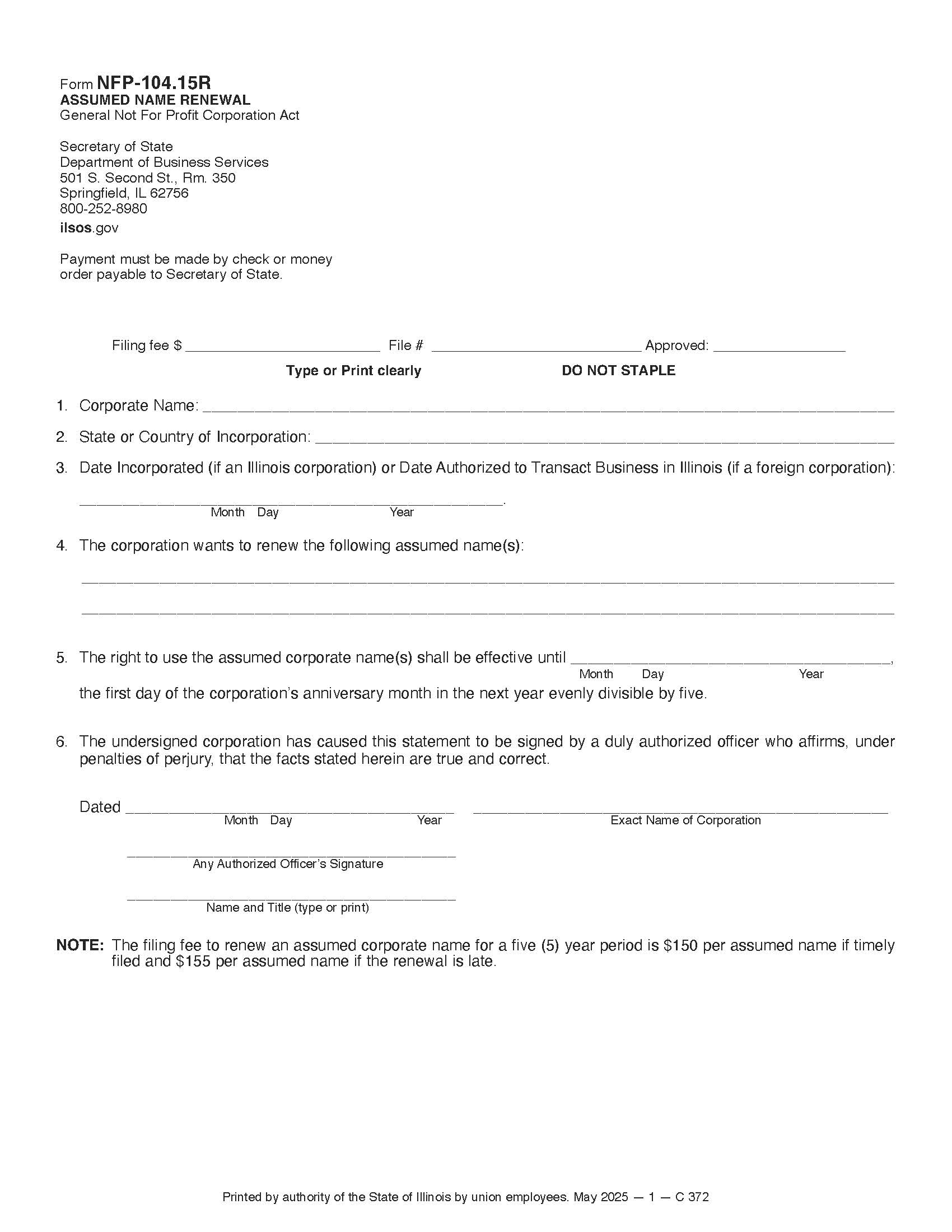 Assumed Name Renewal {NFP-104.15R} | Pdf Fpdf Docx | Illinois