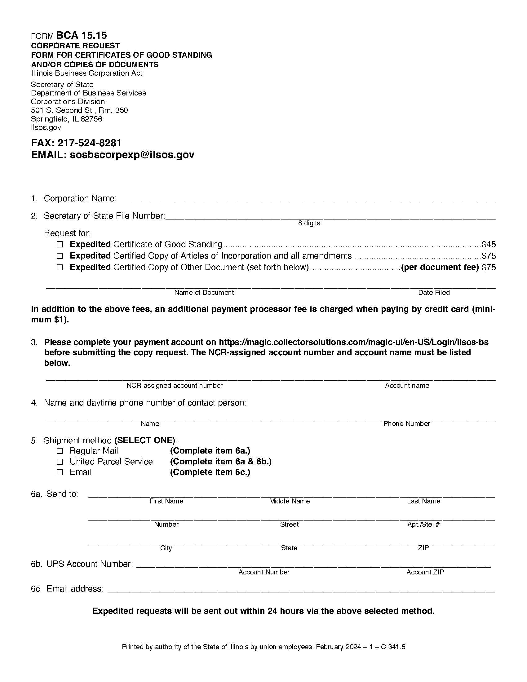 Corporate Request For Certificates Of Good Standing Copies Of Documents {BCA-15.15} | Pdf Fpdf Docx | Illinois