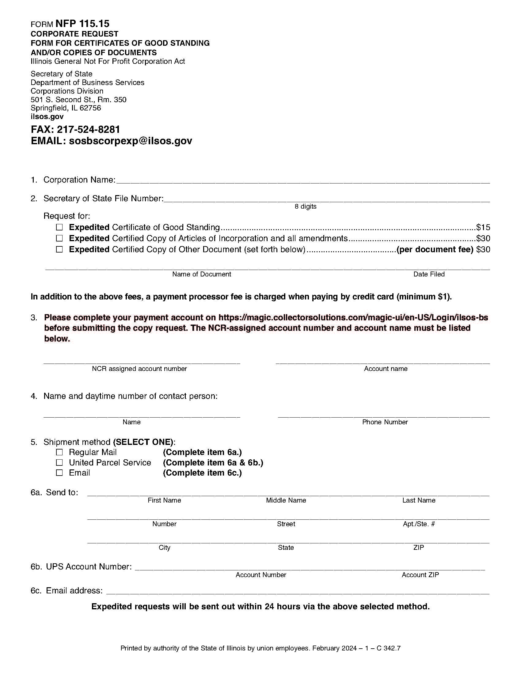 Corporate Request For Certificates Of Good Standing Copies Of Documents {NFP-115.15} | Pdf Fpdf Docx | Illinois