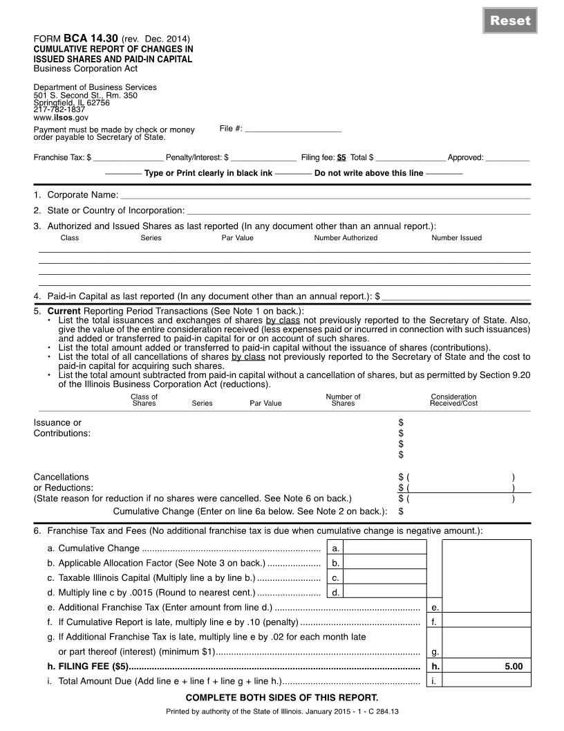 Cumulative Report Of Changes In Issued Shares And Paid-In Capital {BCA-14.30} | Pdf Fpdf Doc Docx | Illinois