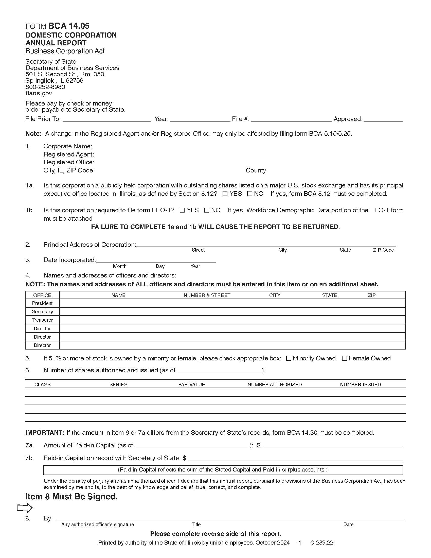 Domestic Corporation Annual Report {BCA 14.05} | Pdf Fpdf Doc Docx | Illinois