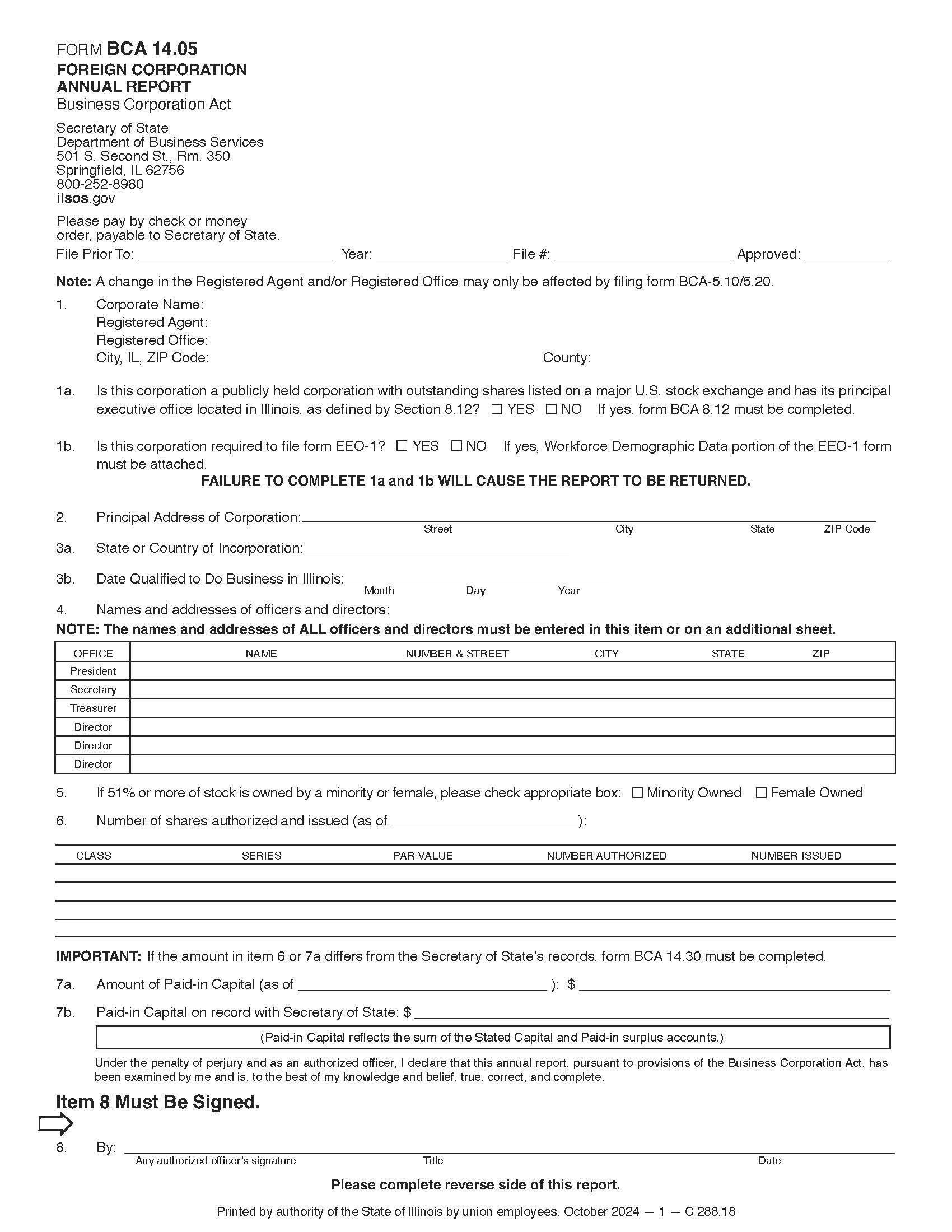 Foreign Corporation Annual Report {BCA 14.05} | Pdf Fpdf Doc Docx | Illinois