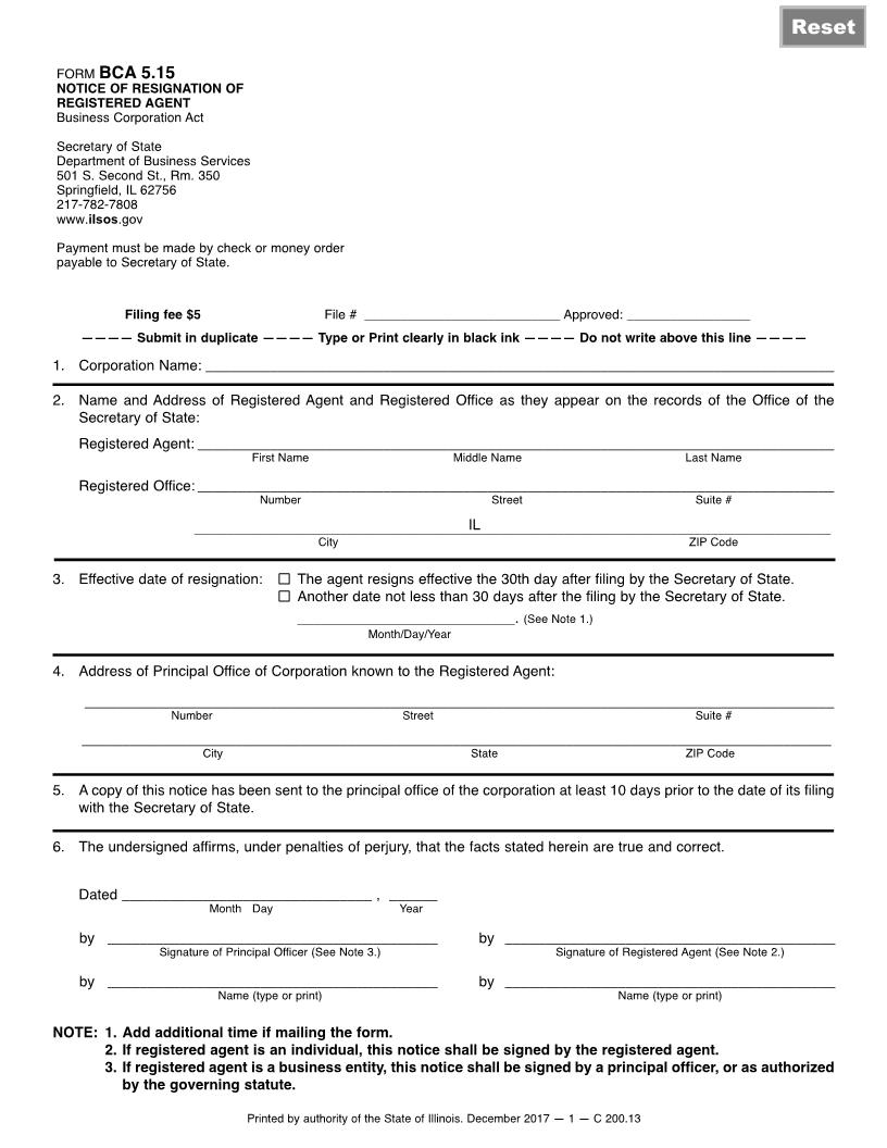 Notice Of Resignation Of Registered Agent {BCA-5.15} | Pdf Fpdf Docx | Illinois