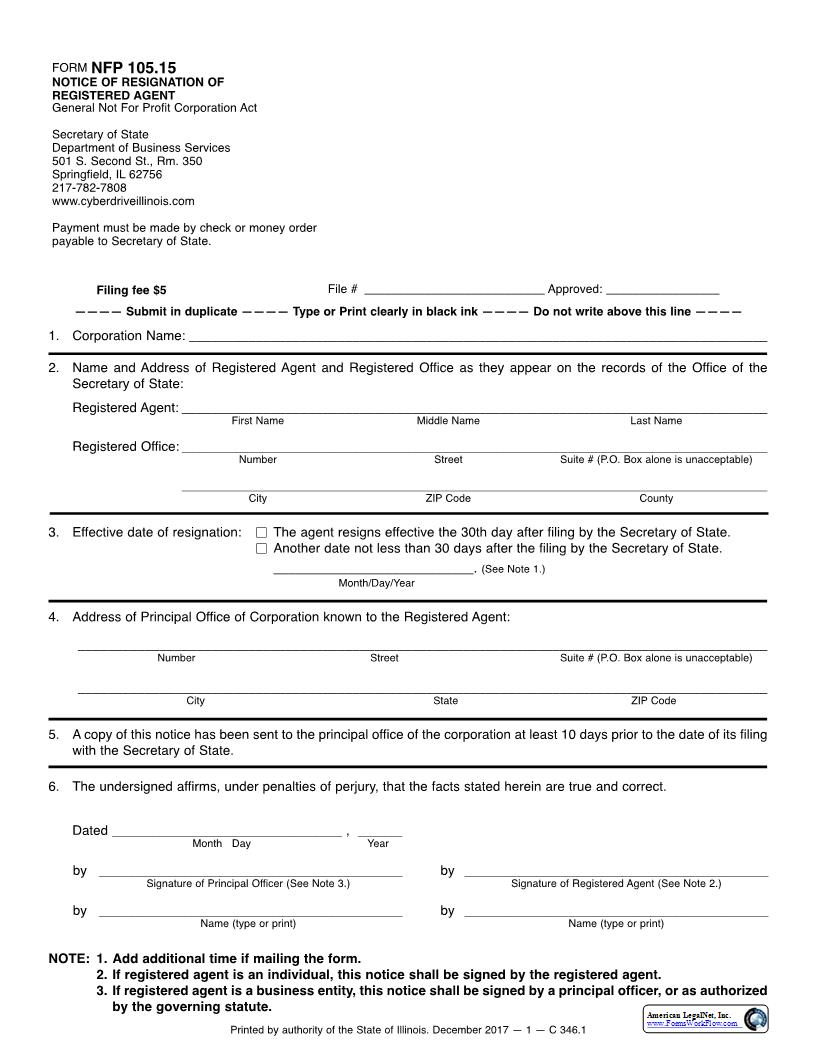 Notice Of Resignation Of Registered Agent {NFP-105.15} | Pdf Fpdf Docx | Illinois
