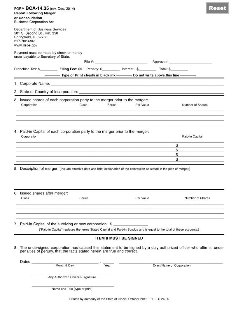 Report Following Merger Or Consolidation {BCA-14.35} | Pdf Fpdf Doc Docx | Illinois