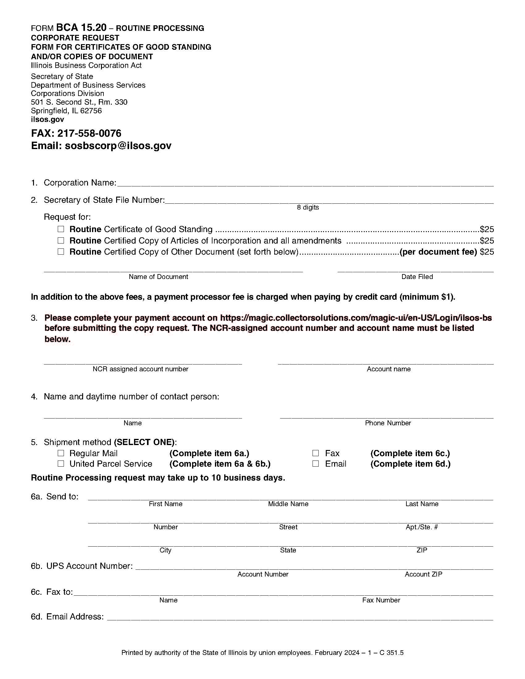 Routine Processing Corporate Fax Transmittal Certificates Good Standing Or Copies {BCA-15.20} | Pdf Fpdf Docx | Illinois