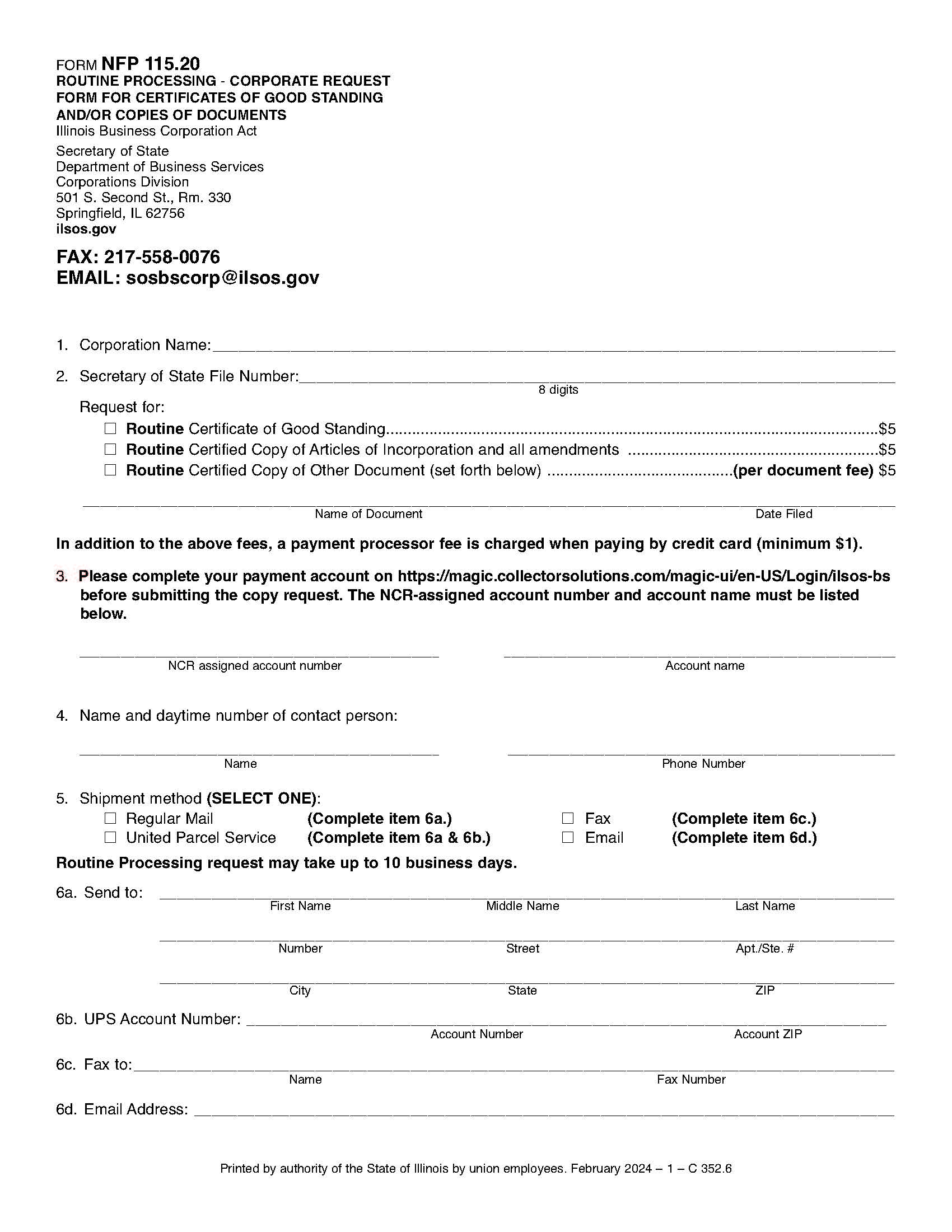 Routine Processing Corporate Request Certificates Of Good Standing Or Copies {NFP-115.20} | Pdf Fpdf Docx | Illinois