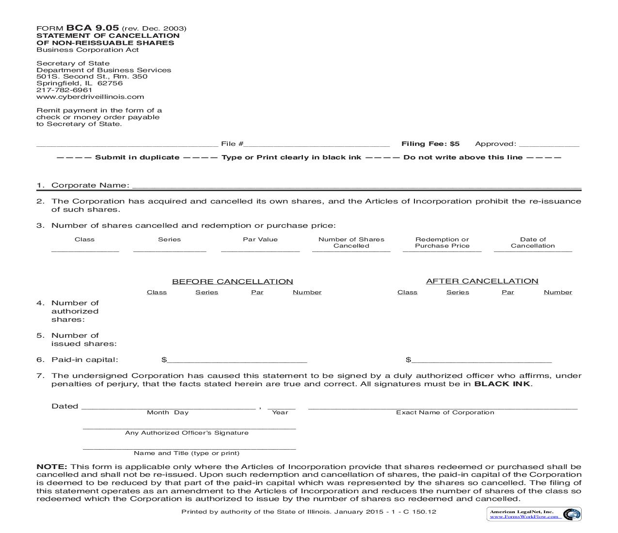 Statement Of Cancellation Of Non Reissuable Shares {BCA-9.05} | Pdf Fpdf Doc Docx | Illinois