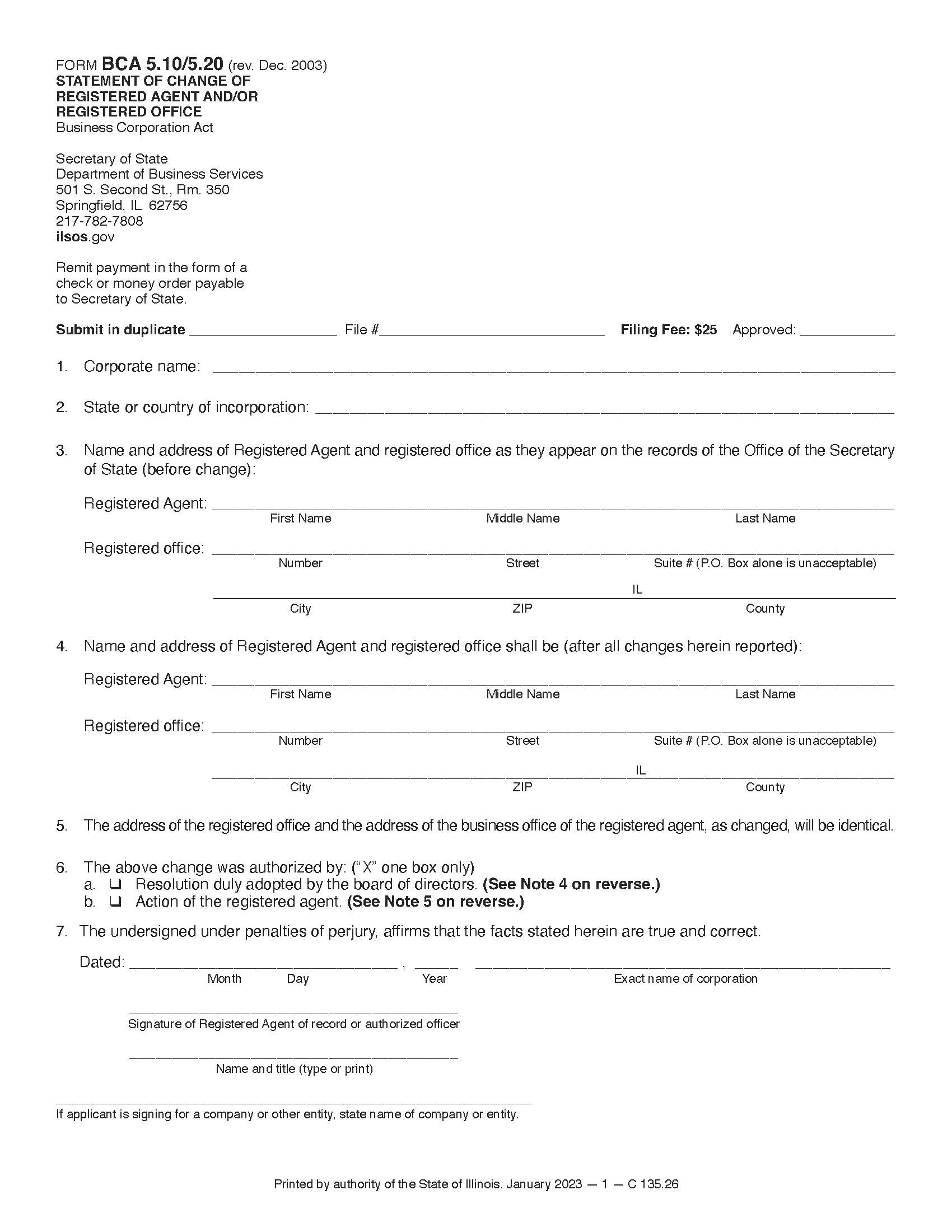 Statement Of Change Of Registered Agent And Or Registered Office {BCA-5.10-5.20} | Pdf Fpdf Doc Docx | Illinois