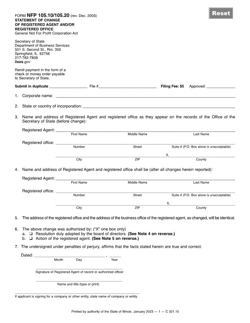 Statement Of Change Of Registered Agent And Or Registered Office {NFP-105.10-105.20} | Pdf Fpdf Doc Docx | Illinois