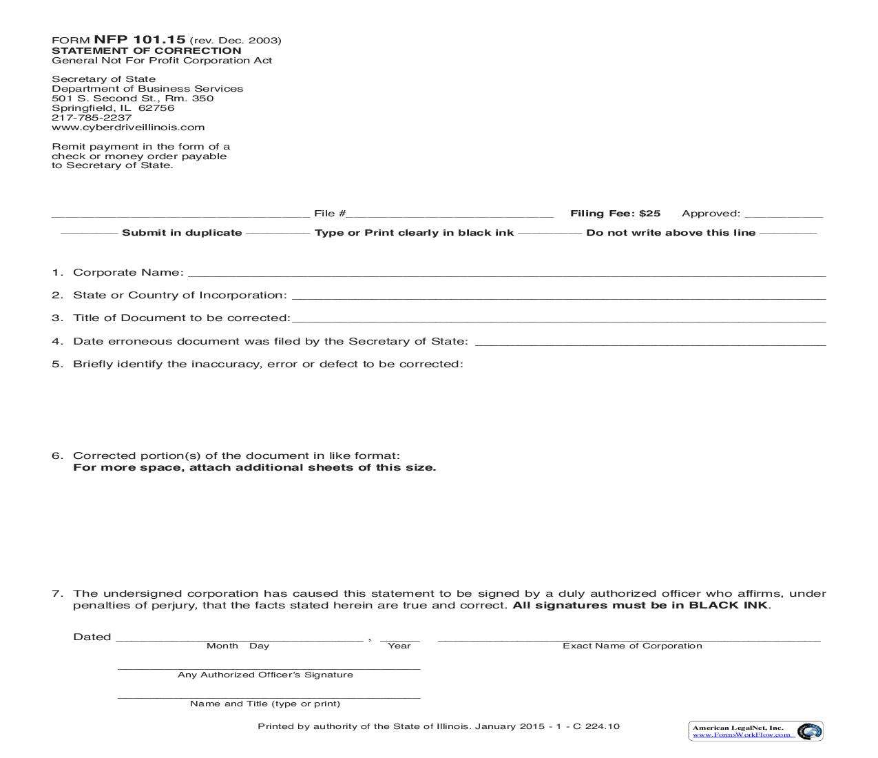 Statement Of Correction Under The General Not For Profit Corporation Act {NFP-101.15} | Pdf Fpdf Doc Docx | Illinois