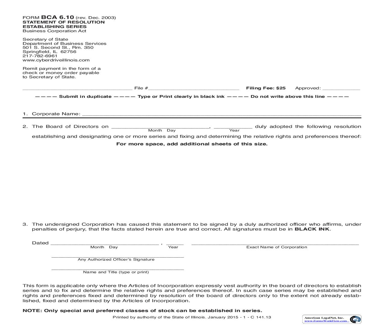 Statement Of Resolution Establishing Series {BCA-6.10} | Pdf Fpdf Doc Docx | Illinois