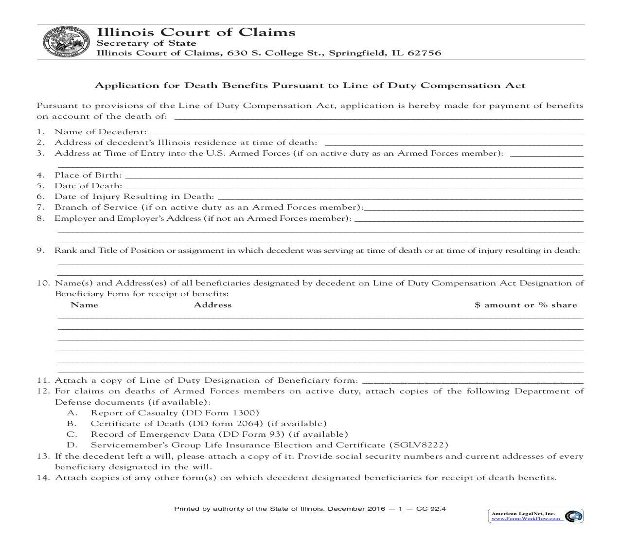 Application For Death Benefits Pursuant To Line Of Duty Compensation Act {CC-92} | Pdf Fpdf Doc Docx | Illinois