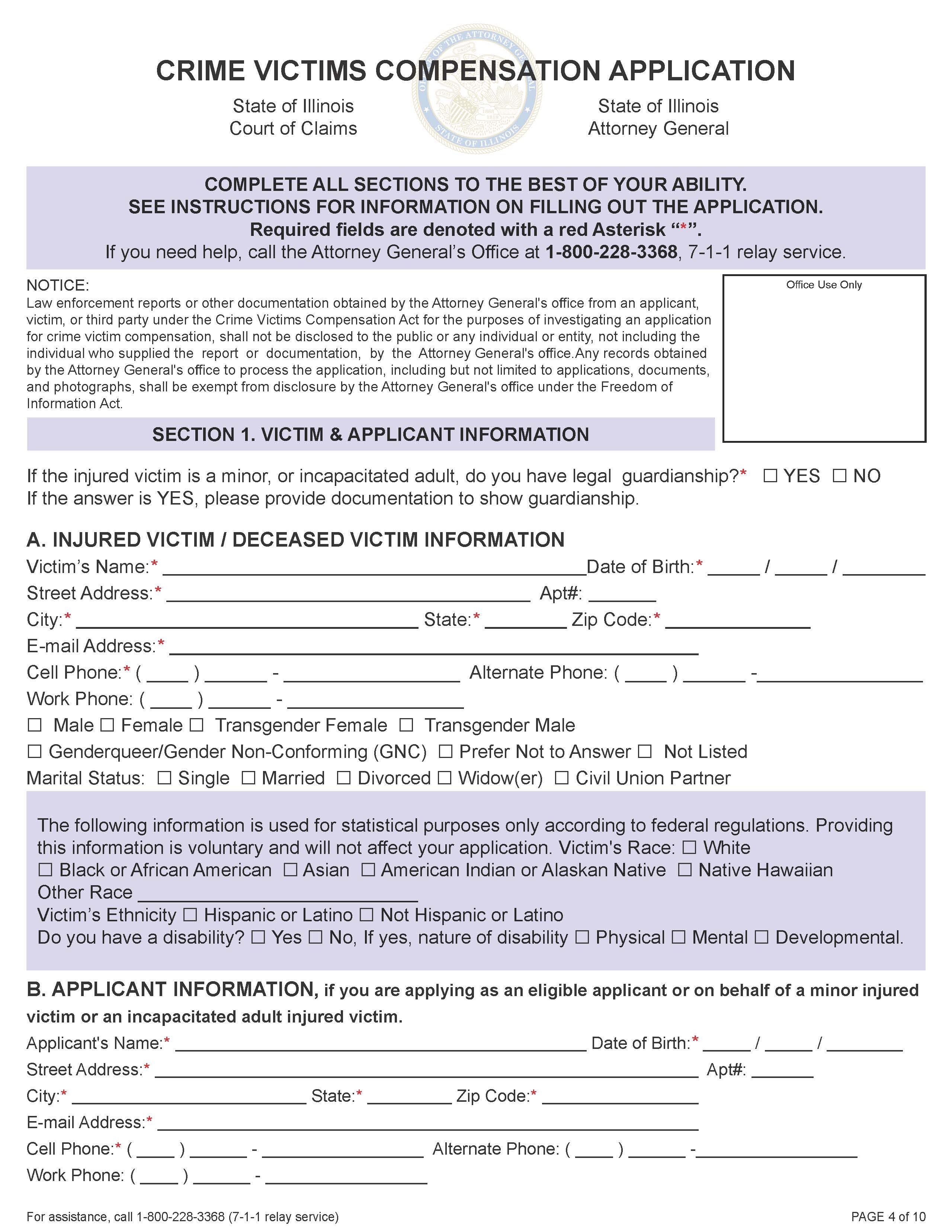 Crime Victims Compensation Application | Pdf Fpdf Doc Docx | Illinois