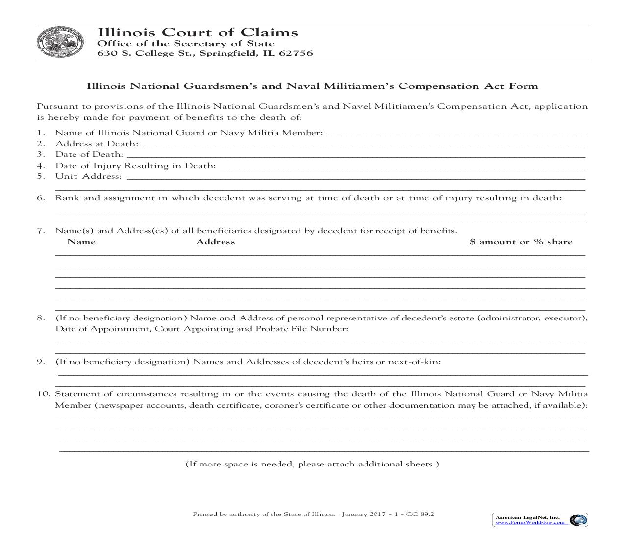Illinois National Guardsmans And Naval Militiamens Compensation Act Form {89} | Pdf Fpdf Doc Docx | Illinois