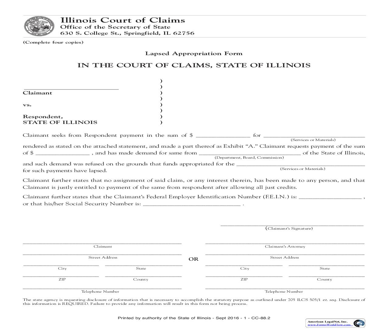 Lapsed Appropriation Form {CC-88} | Pdf Fpdf Doc Docx | Illinois