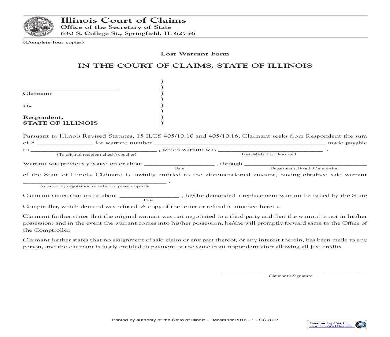 Lost Warrant Form {CC-87} | Pdf Fpdf Doc Docx | Illinois