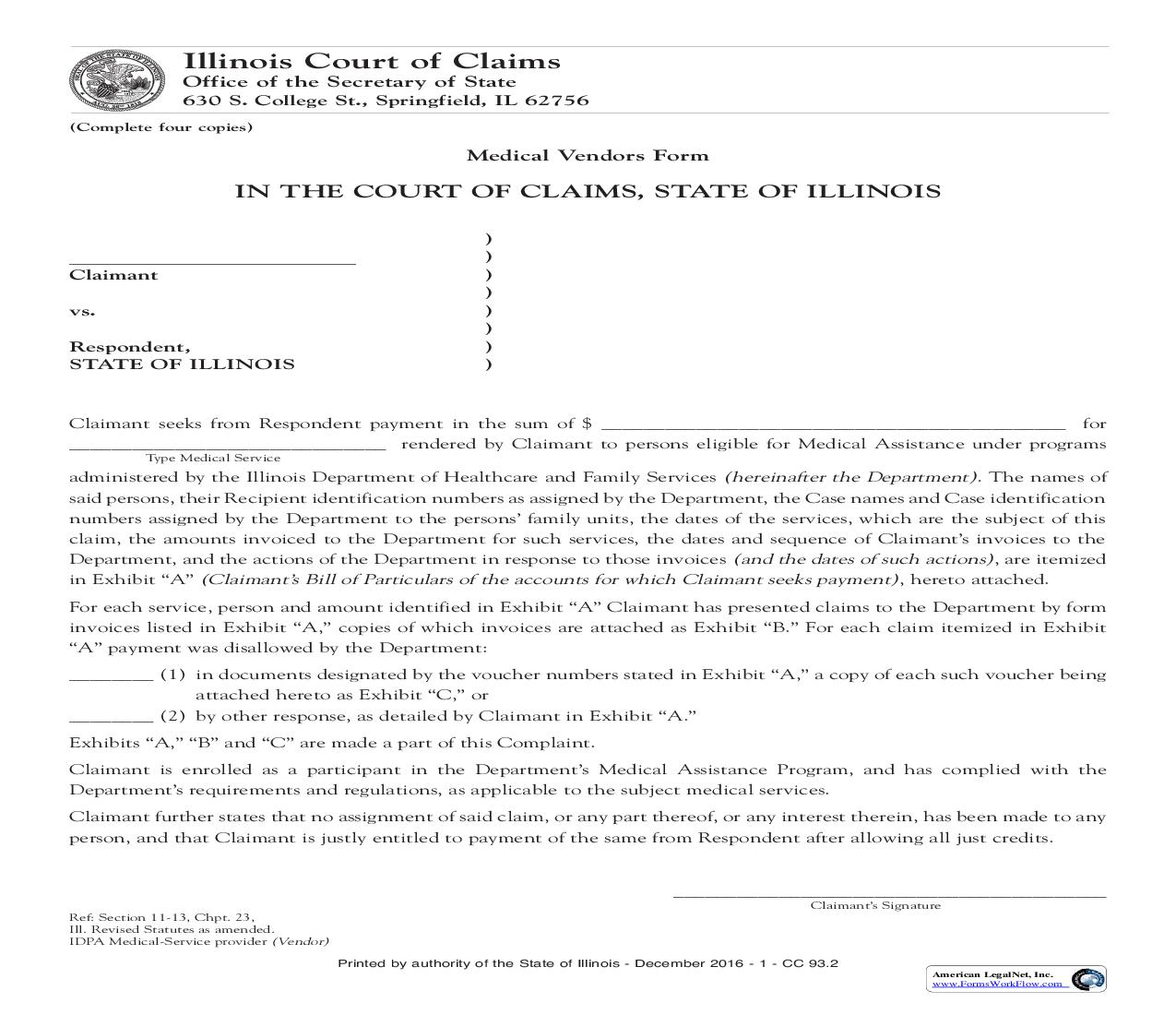 Medical Vendors Form {CC-93} | Pdf Fpdf Doc Docx | Illinois