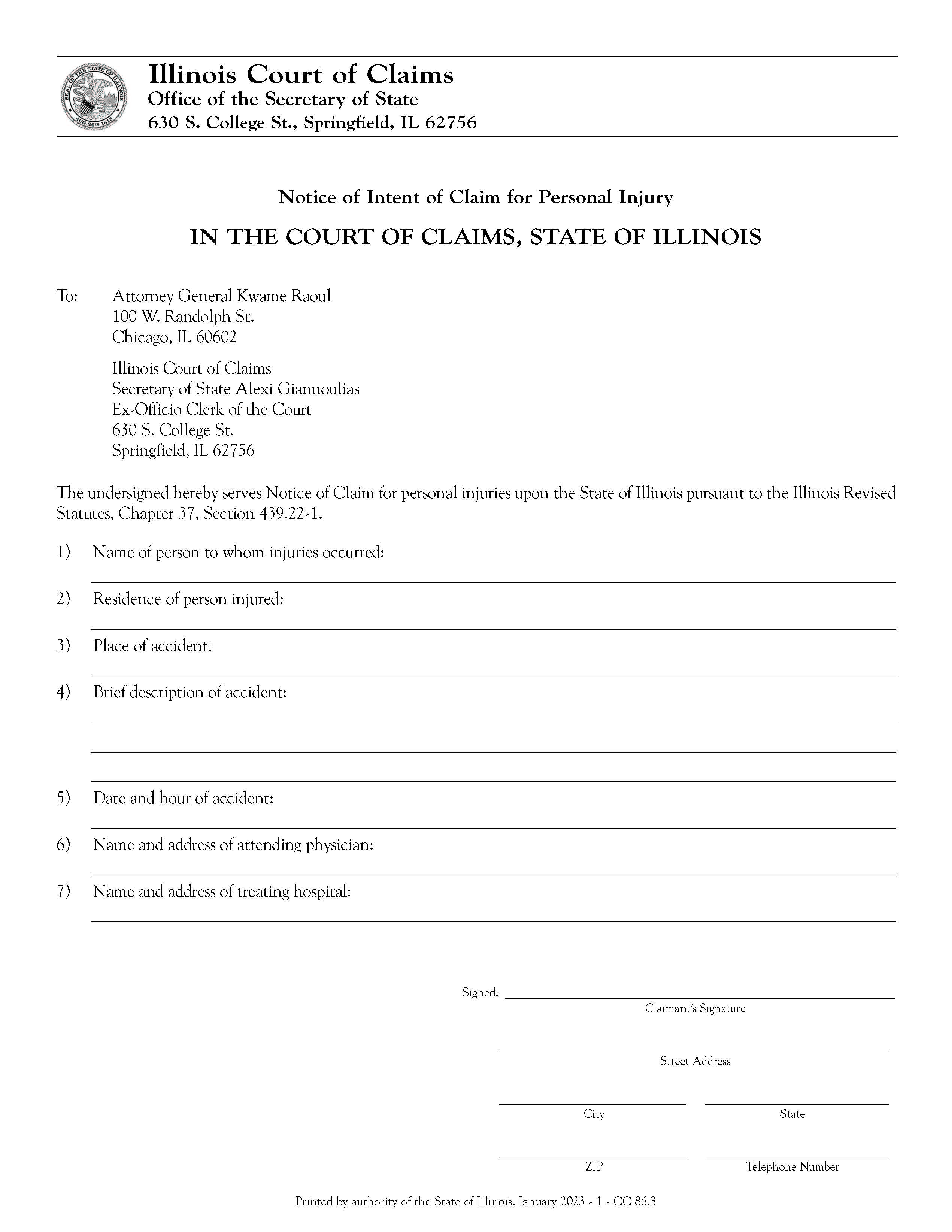 Notice Of Intent Of Claim For Personal Injury {CC-86} | Pdf Fpdf Docx | Illinois