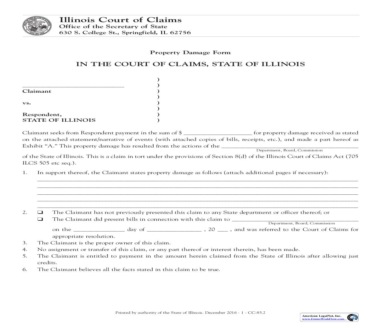 Property Damage Form {CC-85} | Pdf Fpdf Doc Docx | Illinois