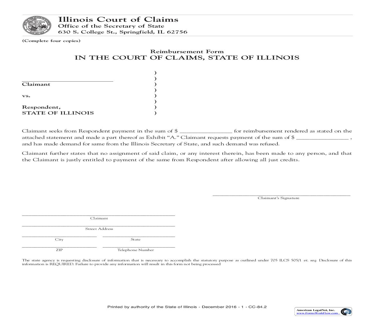 Reimbursement Form {CC-84} | Pdf Fpdf Doc Docx | Illinois