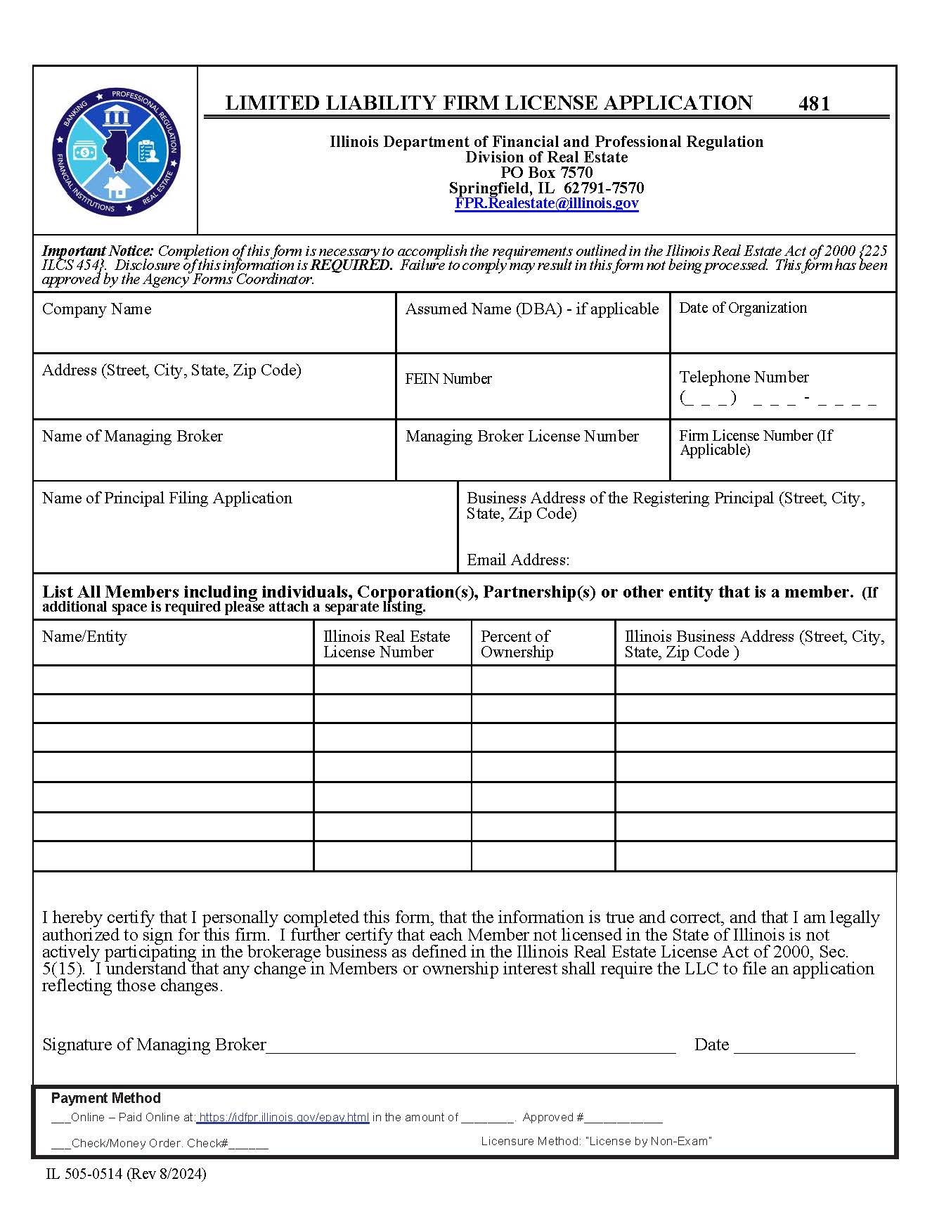 Application For Real Estate Limited Liability Company License {IL 505-0514} | Pdf Fpdf Docx | Illinois