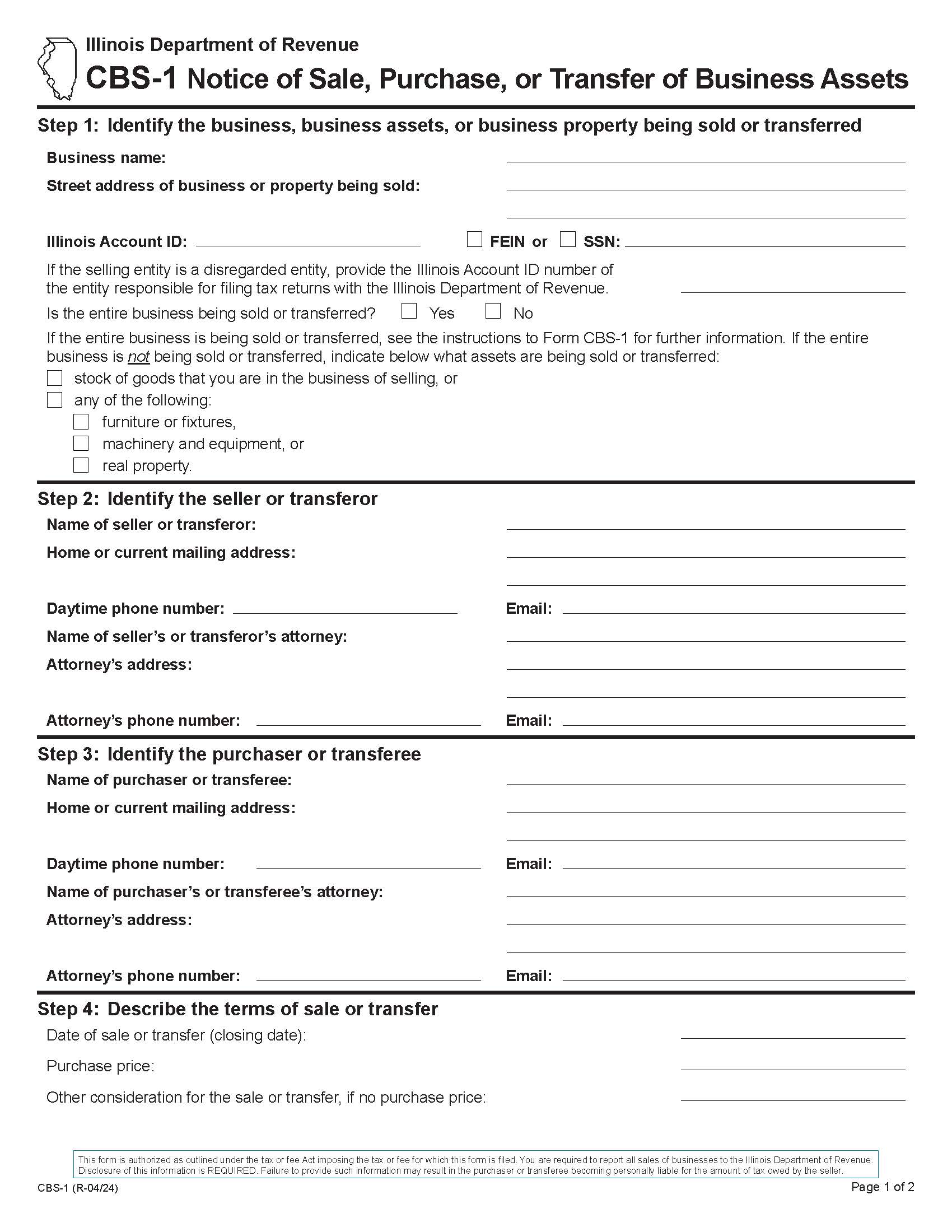Notice Of Sale Purchase Or Transfer Of Business Assets {CBS-1} | Pdf Fpdf Docx | Illinois
