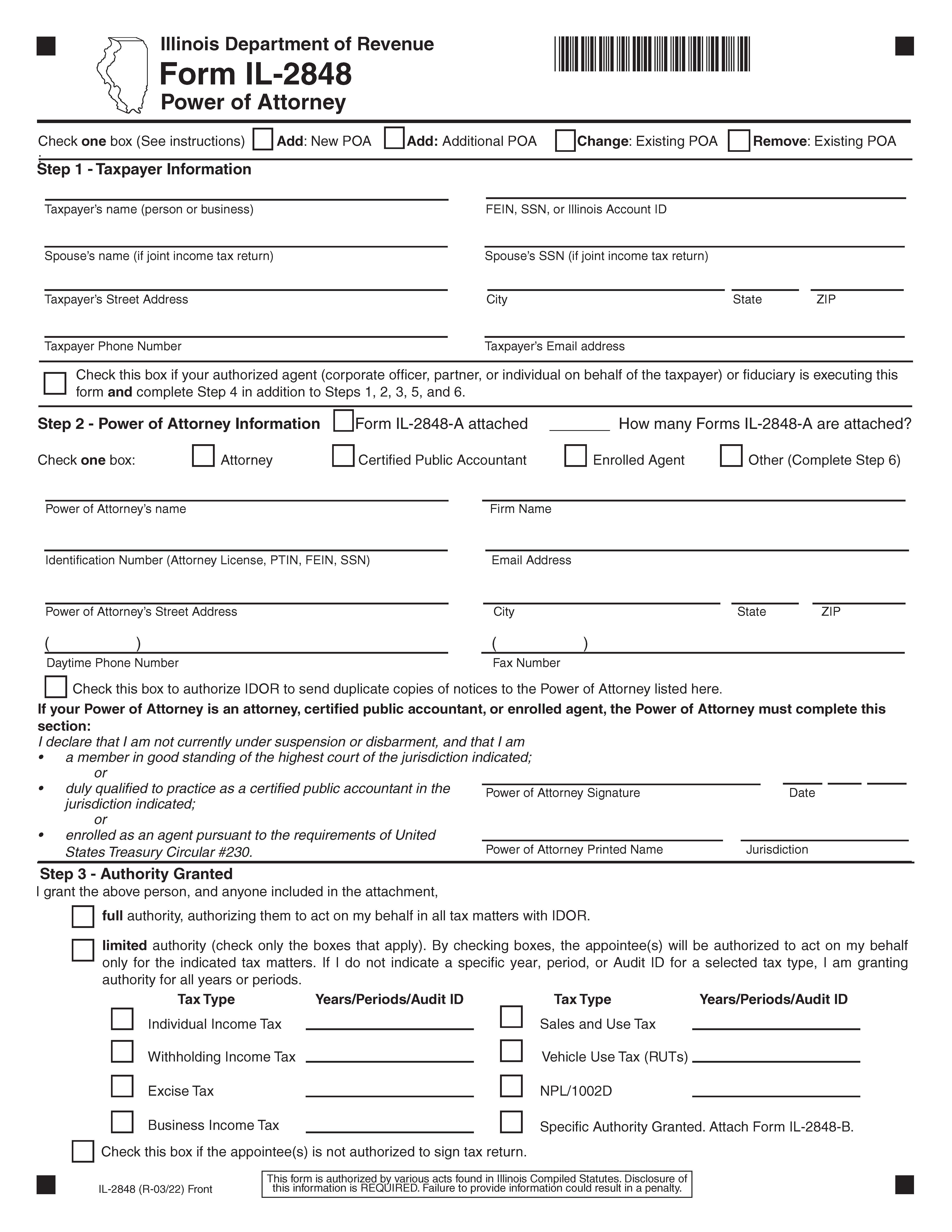 Power Of Attorney {IL-2848} | Pdf Fpdf Docx | Illinois
