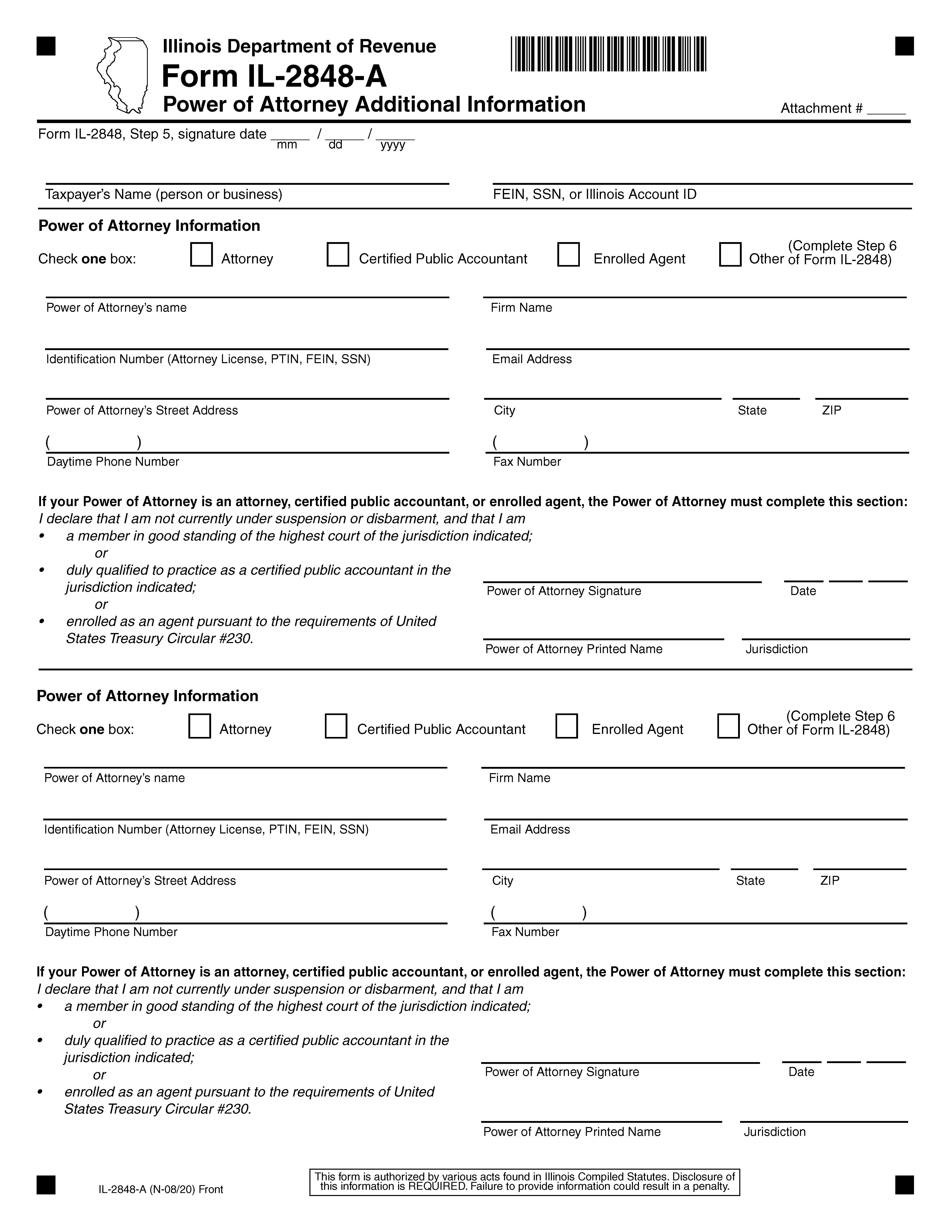 Power Of Attorney Additional Information {IL-2848-A} | Pdf Fpdf Docx | Illinois