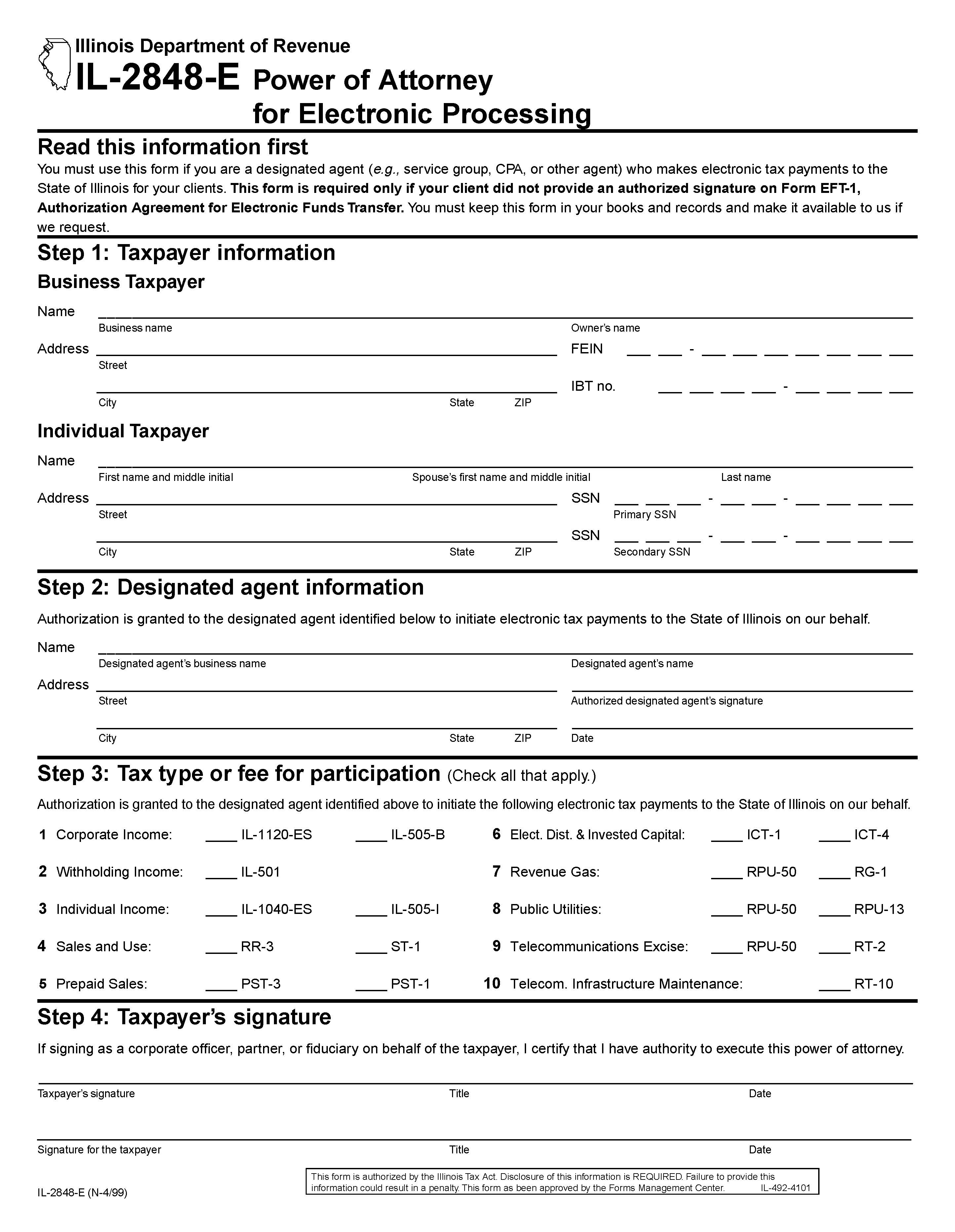 Power Of Attorney For Electronic Processing {IL-2848-E} | Pdf Fpdf Docx | Illinois